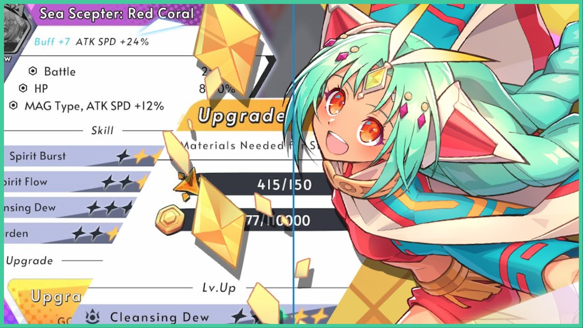 feature image for our knightcore: sword of kingdom codes, the image features promo art for the game of a character with a gem on her forehead and in her hair as she smiles, there is a screenshot of the character upgrade screen behind her, which is cut off as the character art blocks some of the words, the character also has floating diamonds around her