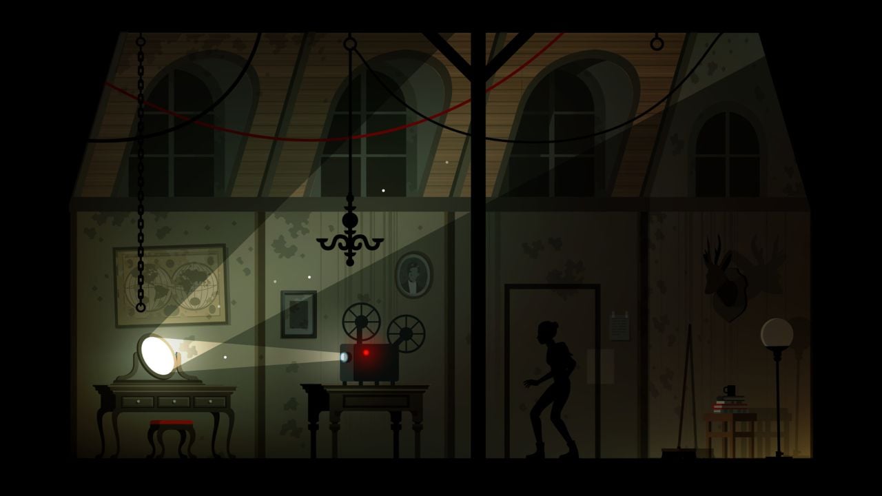 Feature image for our Midnight Girl news piece. It shows an in-game screen of a shadowy figure in a room with a mirror and projector. Paint peels from the walls and the windows are dark.