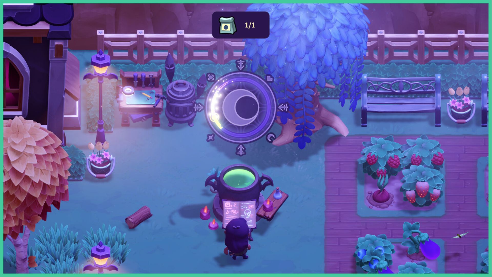 feature image for our moonlight peaks demo news, the image features a promo screenshot of a character standing over a cauldron with a recipe book as they brew up a potion, there is a small farming plot with fruit and veg to the right, and a small crafting table next to a furnace on the left, there is also a streetlamp in the shape of a bat