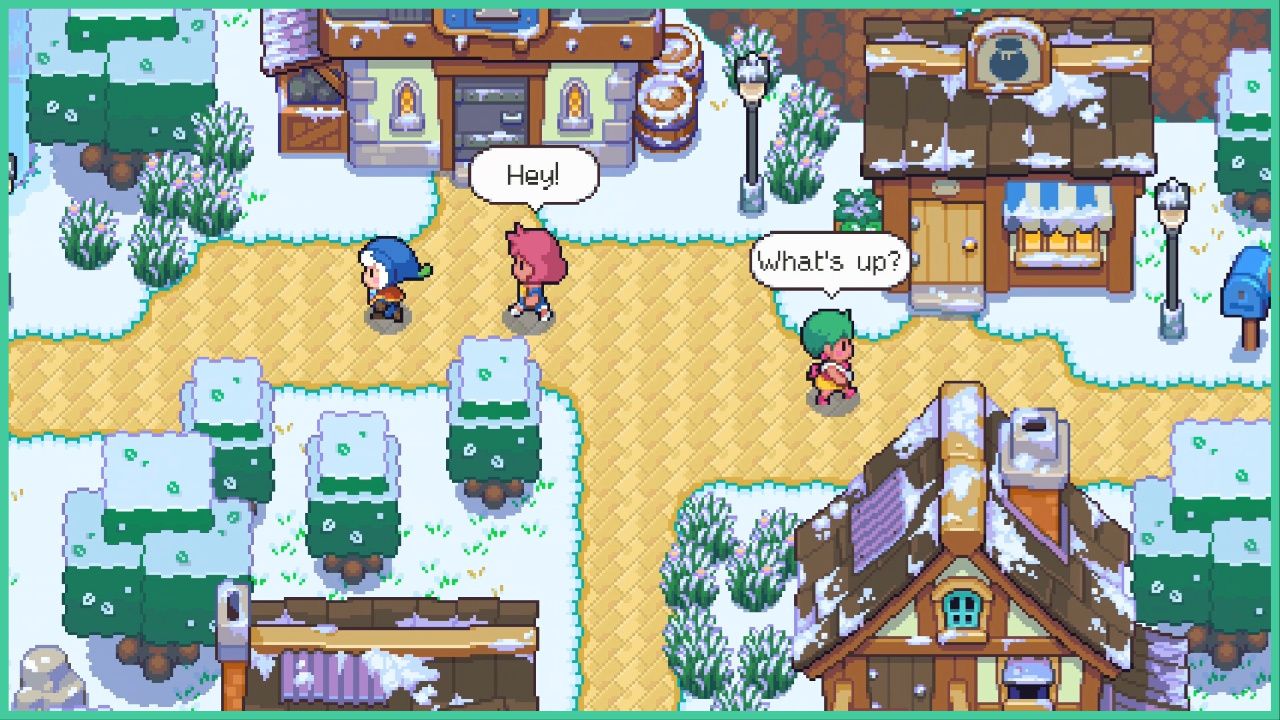 feature image for our moonstone island characters guide, the image features a promo screenshot from the game of the main character wandering around a snow-covered town as two characters walk by, with one saying "hey" and the other saying "what's up?" there are snow-covered trees surrounding them as well as snow-covered buildings