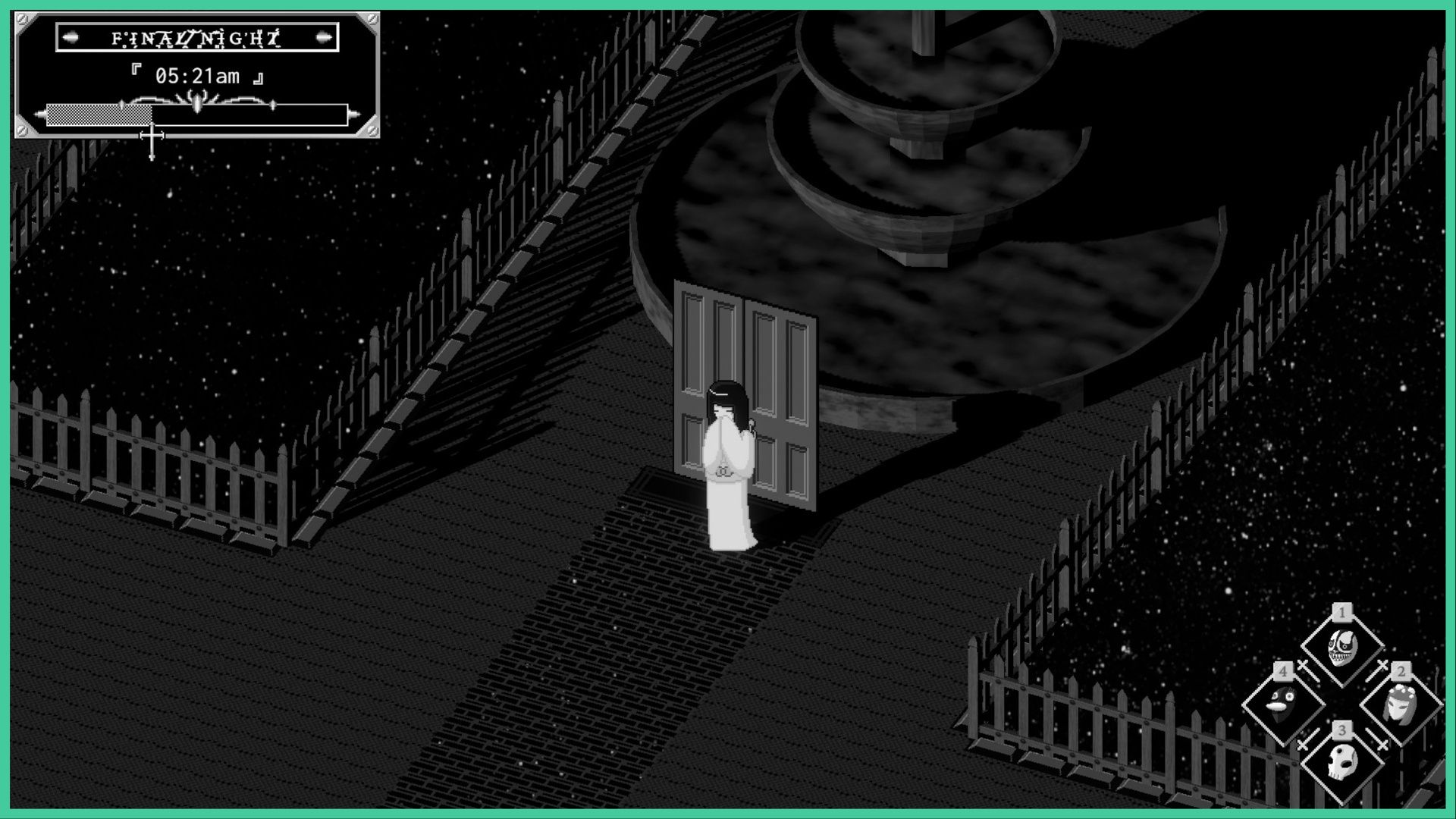 feature image for our night loops news, the image features a screenshot from the game of a woman wearing a kimono while standing in front of a lone door in the middle of a pathway, gated off by a wooden fence, behind the door is a large fountain