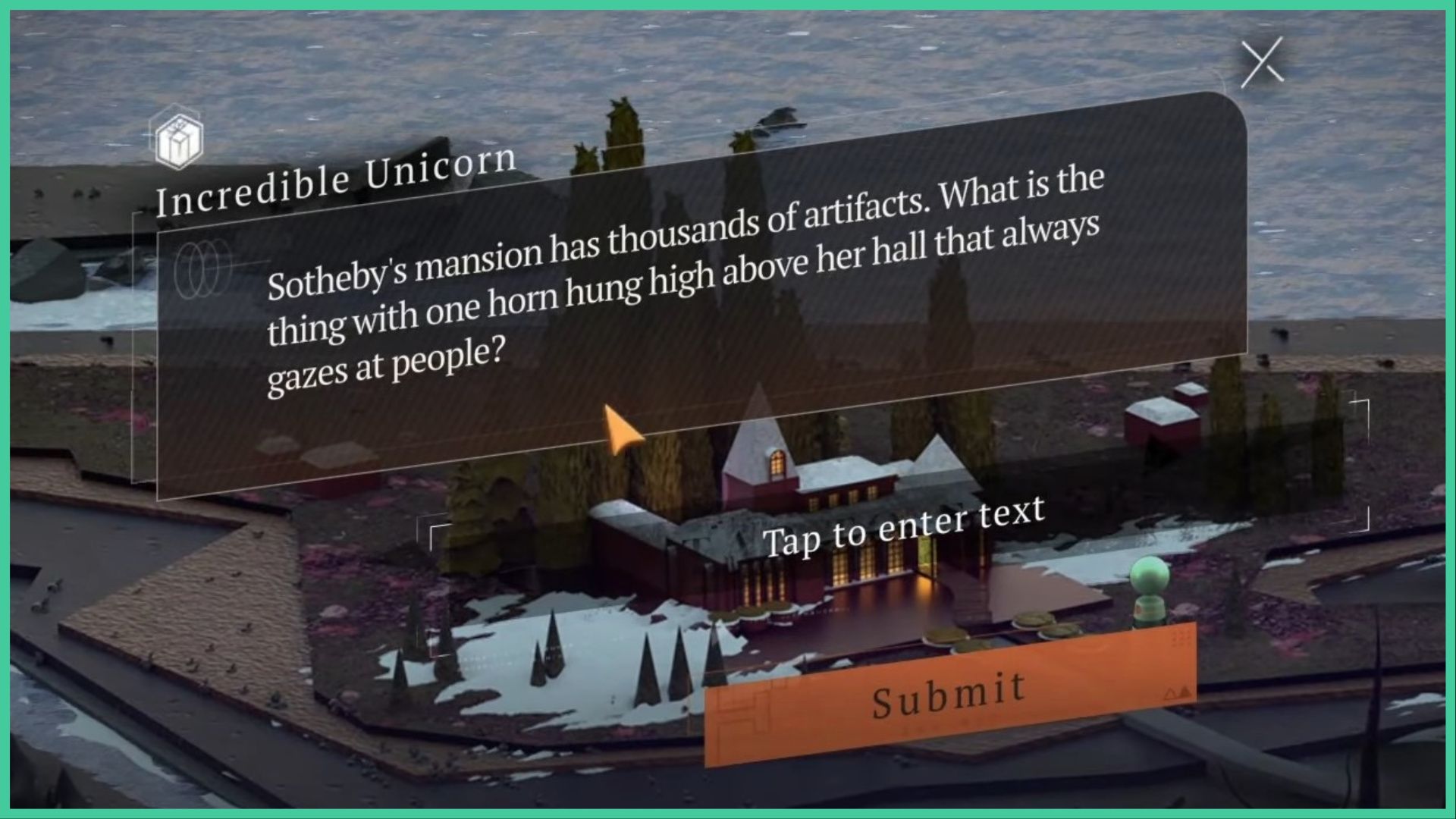 feature image for our reverse 1999 incredible unicorn guide, the image features a screenshot from the Trail in the game, with the question box, and the enter text here prompt with a button underneath that says submit, the background is sotheby's mansion as the lights inside make the windows glow, with the ocean behind the mansion, with trees and snow surrounding the building