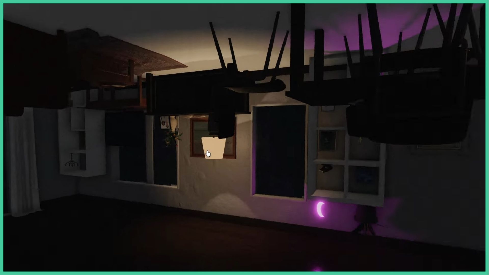feature image for our short creepy stories homecoming guide, the image features a screenshot from the game of the living room, but everything has been turned upside down, and the furniture is now on the ceiling
