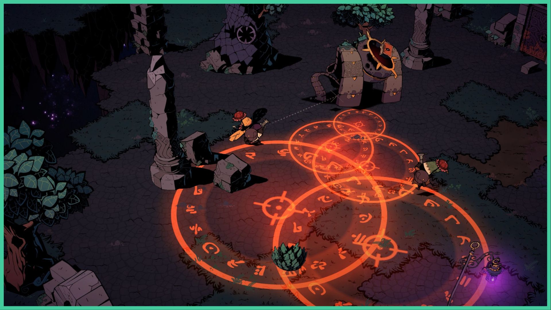 feature image for our wizard with a gun news, the image features a screenshot from the game of the wizard character battling against a robor creature, there are runes on the ground which seem to be where the creature is aiming its attacks, there are stone sculptures surrounding them, there are also patches of grass and a few trees, with a glowing purple lantern at the bottom of the image