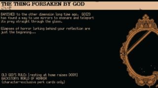 A screenshot showing a black mirror with glowing eyes peering out. Titled "The Thing Forsaken By God".