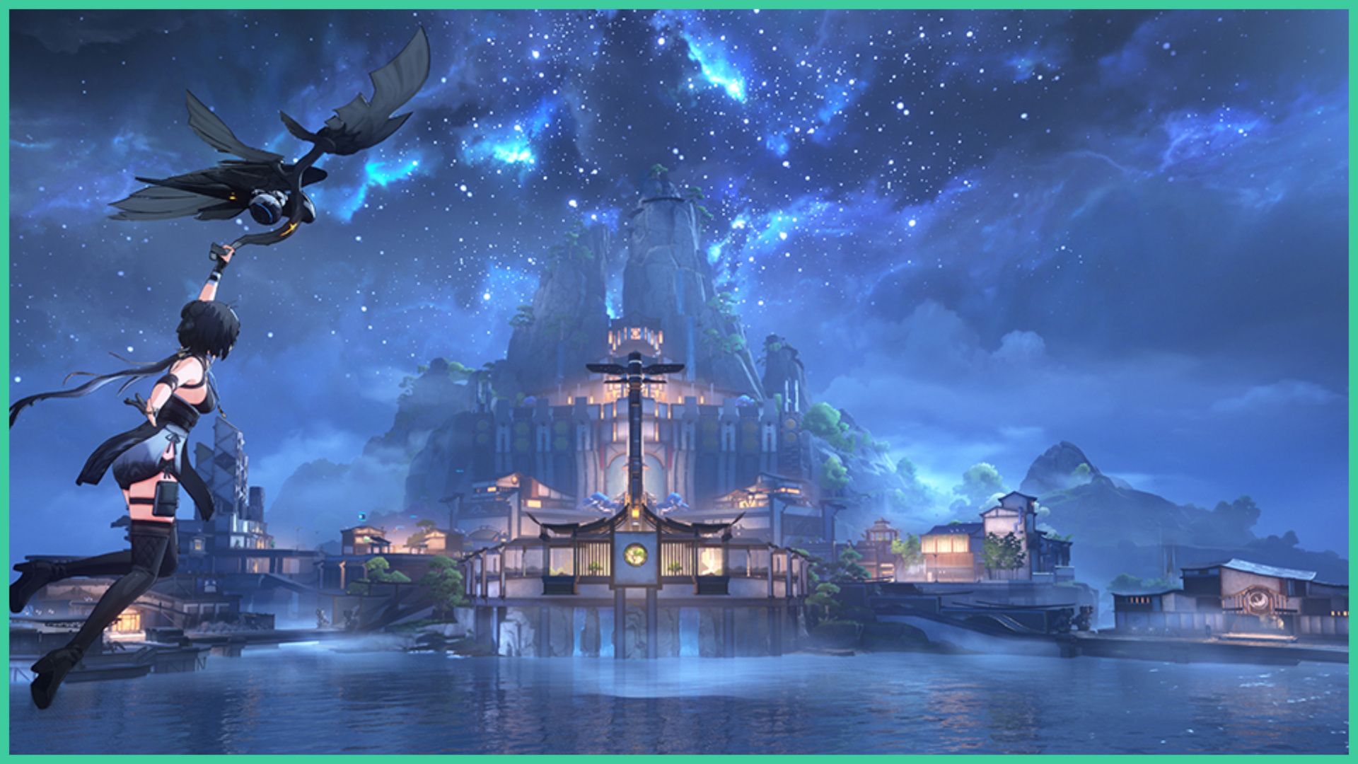 feature image for our wuthering waves tier list, the image features promo art for the game of a character holding on to a robot bird as she flies across the ocean, there is a tall mountain in the distance that reaches up to the stars in the sky, there is a small city around the water, with boats docked and glowing lights