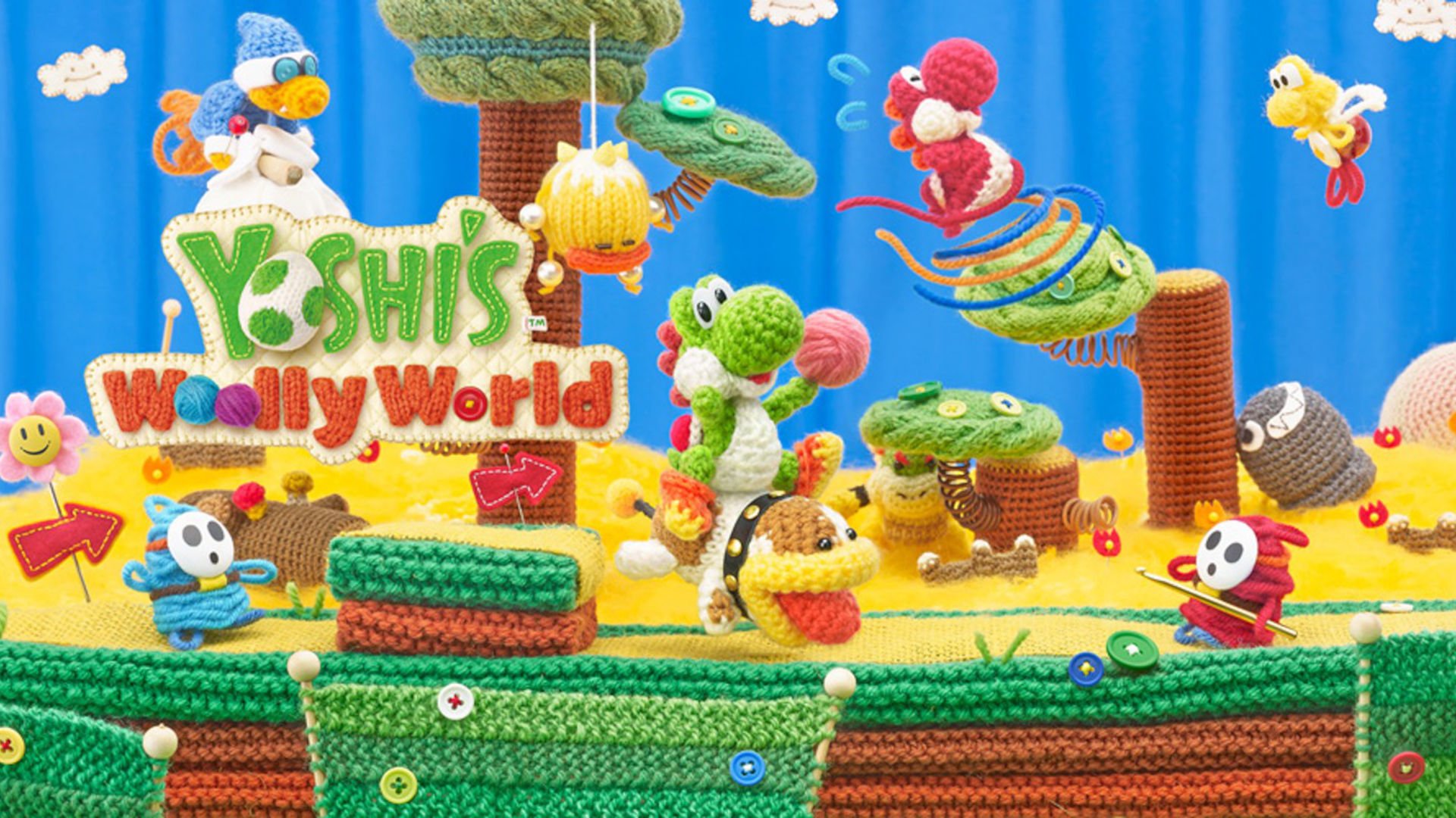 Nintendo's Yoshi's Woolly World official artwork depicting Yoshi riding a dog.