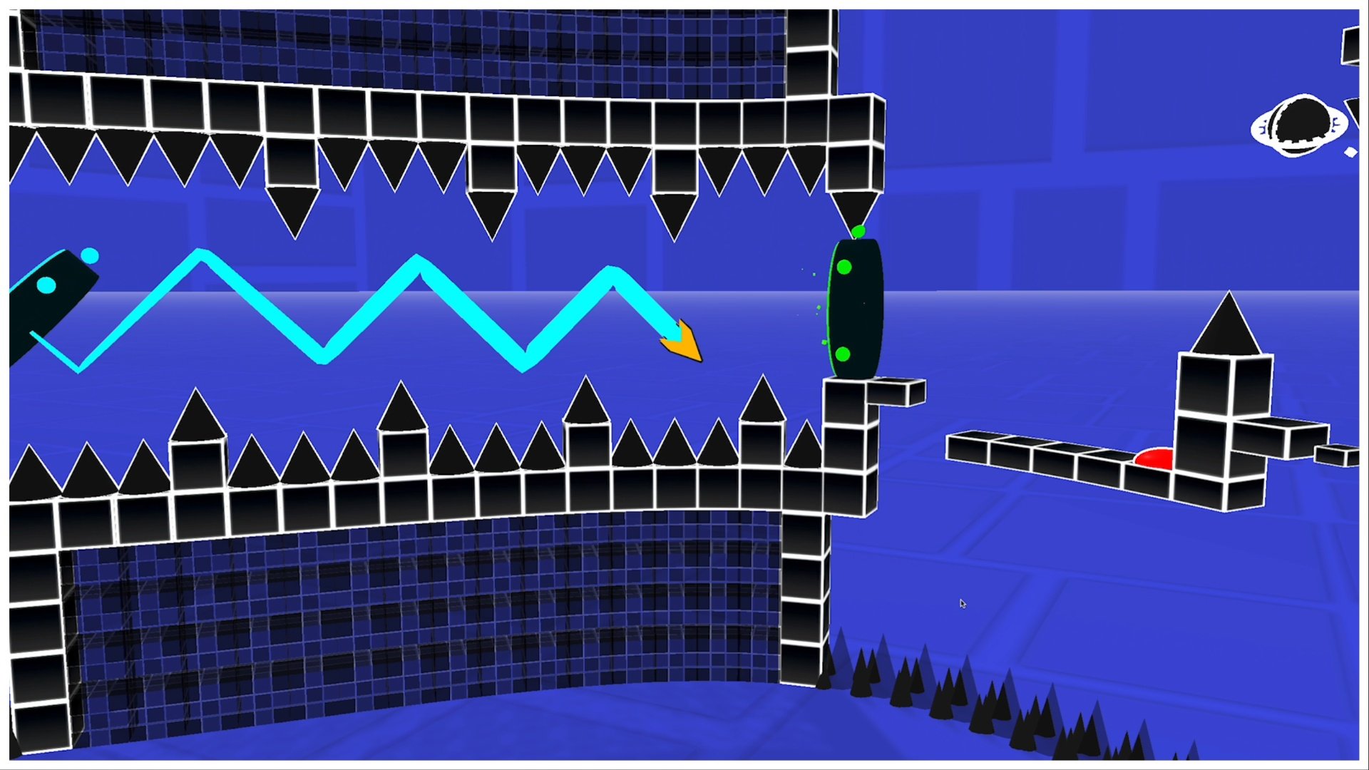 the image shows a blue level where the cube is zigzagging through black obstacles
