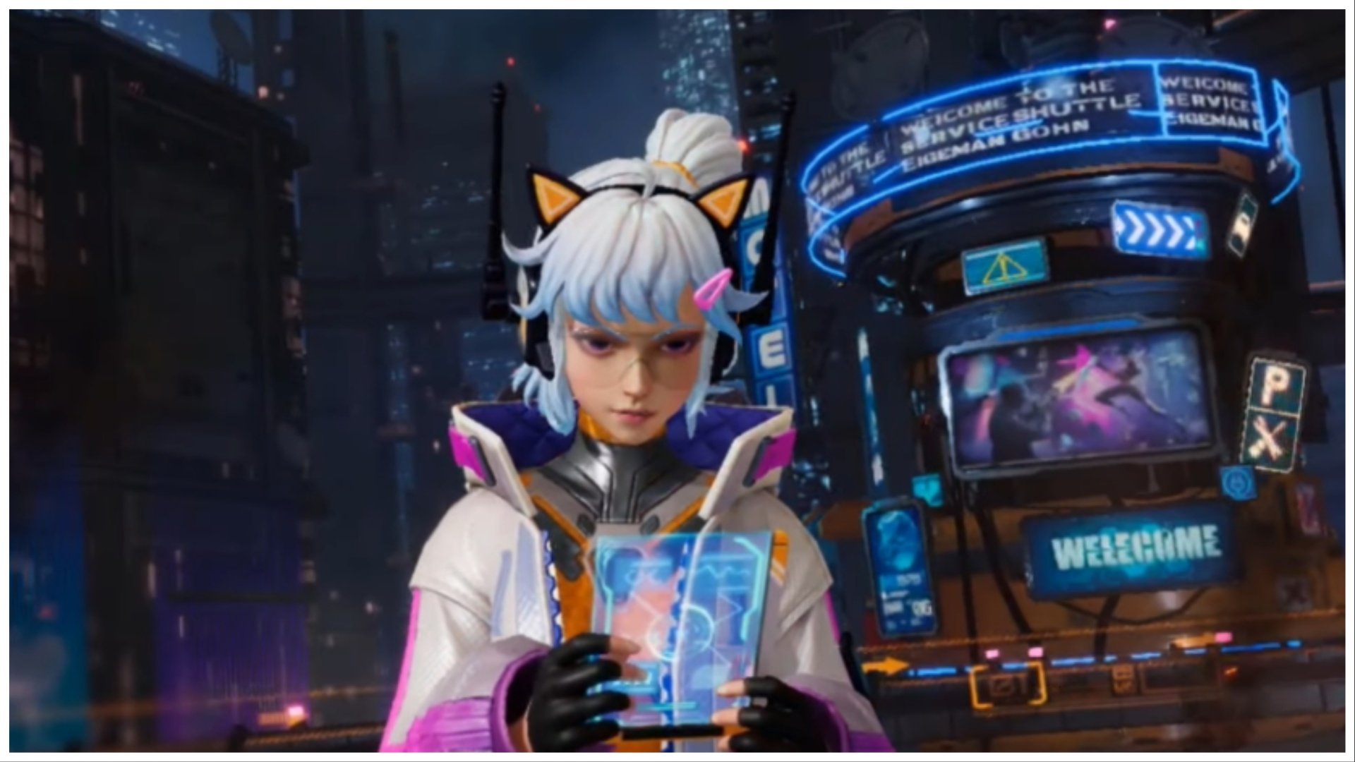 the image shows a white haired girl with cat ear headphones checking a futuristic phone that looks like a thin plain blue screen