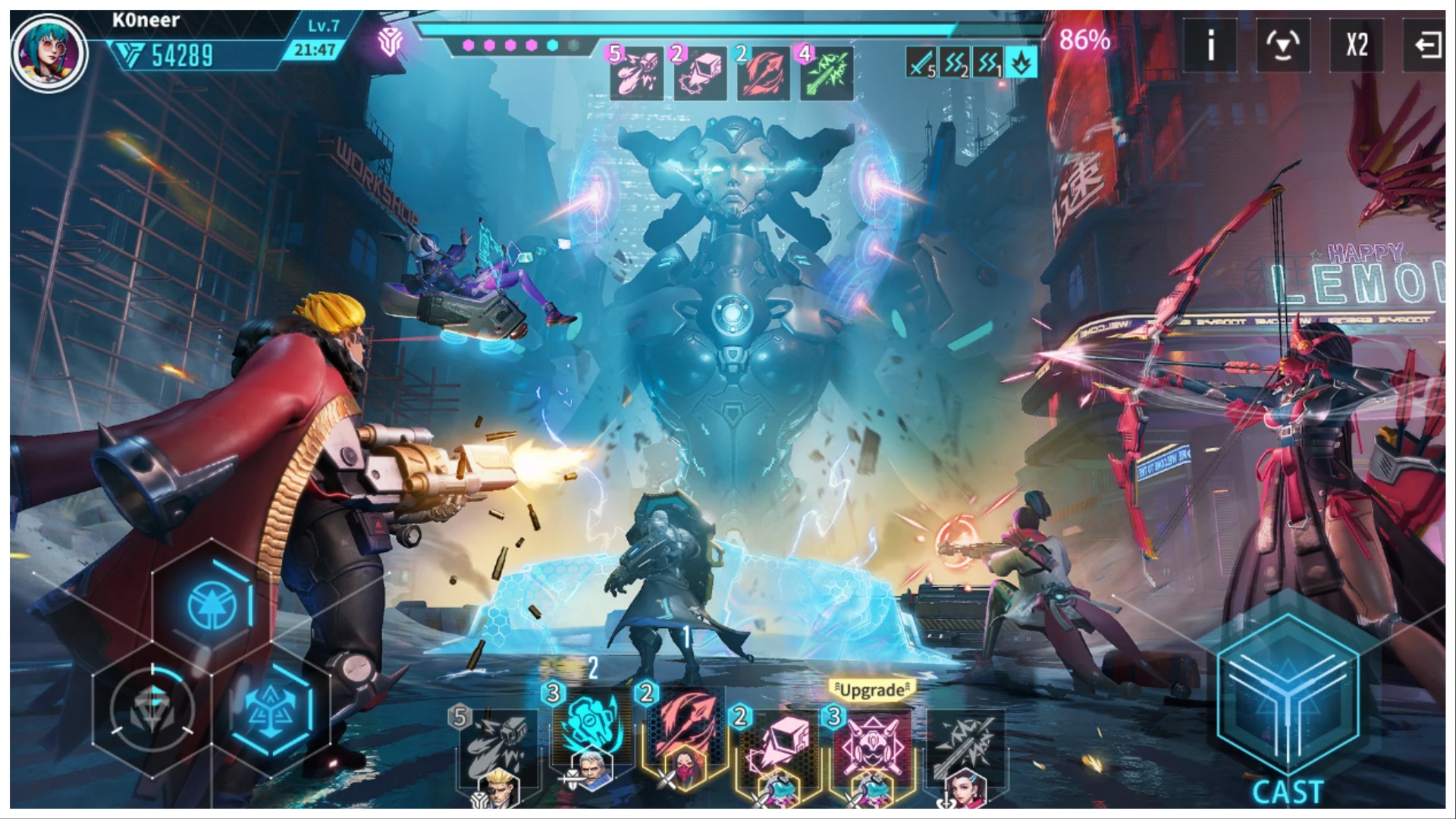 The image shows a ton of futuristic looking characters facing off against a giant android like woman in the distance