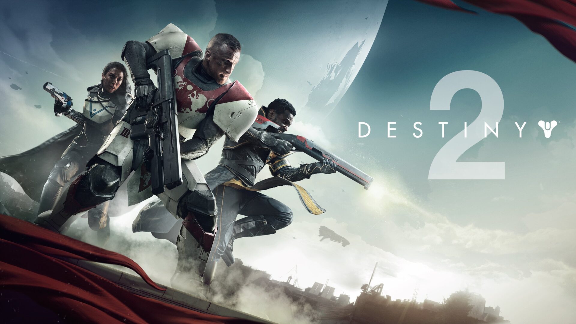Image is the poster of Destiny2 video game. It is three characters with gun focusing in different directions