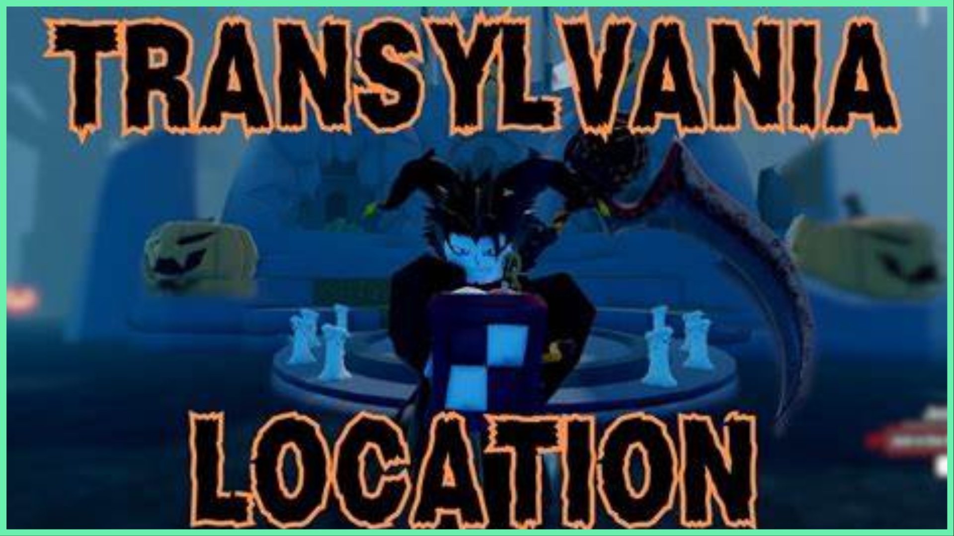 the image shows an avatar with a jester hat facing the viewer with arms folded. In spooky text in black with squiggly orange highlights is the text "Transylvania location"