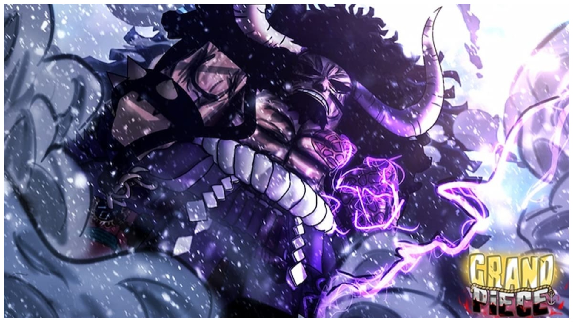 the image shows a burly man with long black hair and striking white horns protruding from either side of his skull looking down on the viewer. He is surrounded by purple lightning