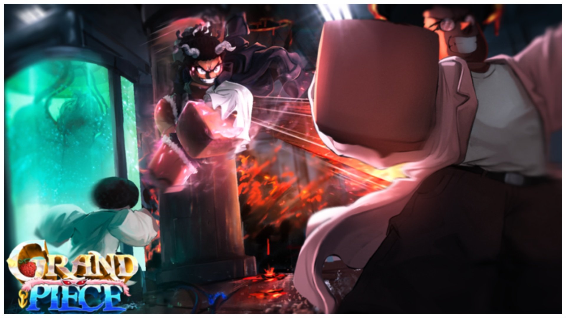 The image shows one of the illustration banners for GPO. Two characters are locked in battle in the painted roblox like style. The character we see clearly has horns and a devious expression on his face
