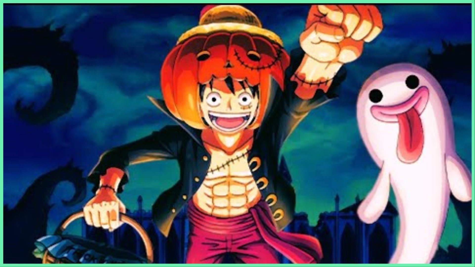 the image shows a halloween luffy extending a fist to the viewer with a pumpkin on his head. To the right of him is a cheeky white ghost with his tongue sticking out