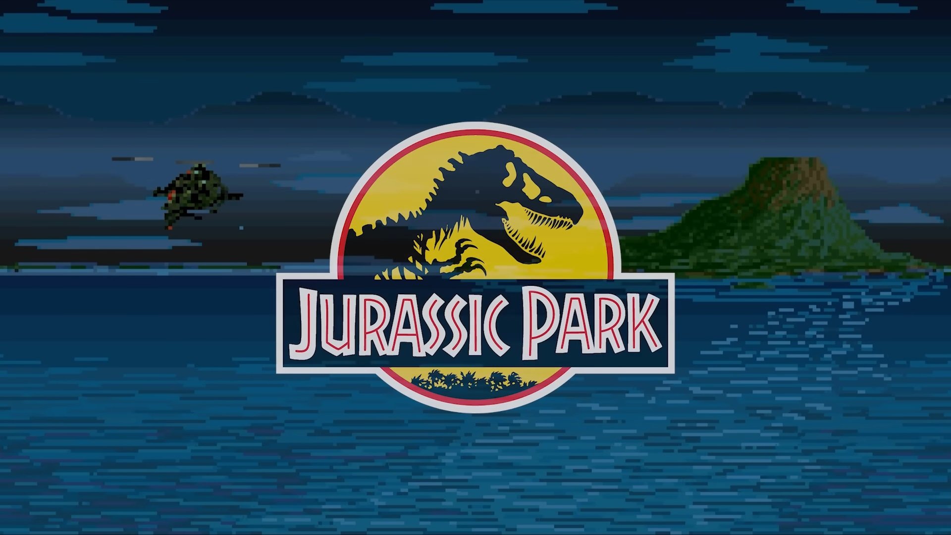The official Jurassic park title with a sea in the backgroung