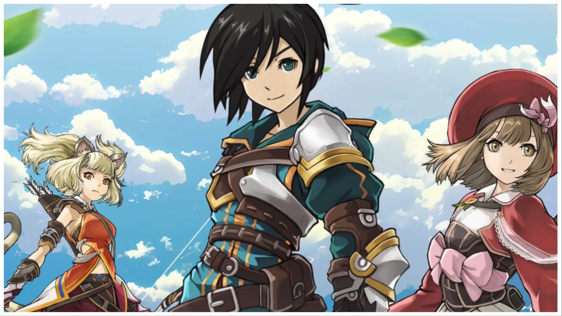 The illustration shows a stunning blue sky with three of the main cast lined up and facing the viewer. Leaves are falling around them with a nice subtle blur effect