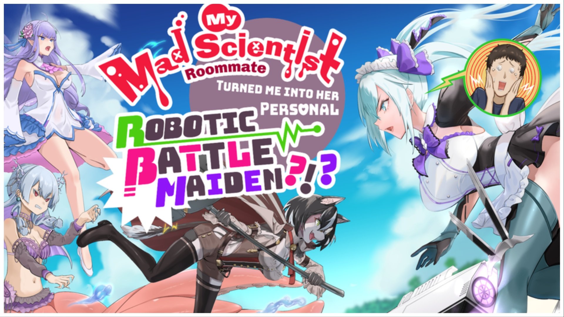 The image shows a bunch of unique characters with animalian appearances and maid outfits facing one another in what is probably the rumoured civil war. The game title is colourful and bold in the middle