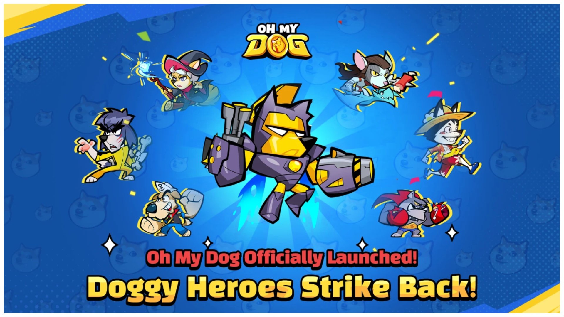 The image shows a bunch of hero dogs spanning across a blue background with a tile print of the doge head. The heroes are all heading toward the outer corners of the illustration surrounding the main focal dog who is enlarged at the centre. The dog in the middle is wearing a black mechanical suit and has yellow fur.