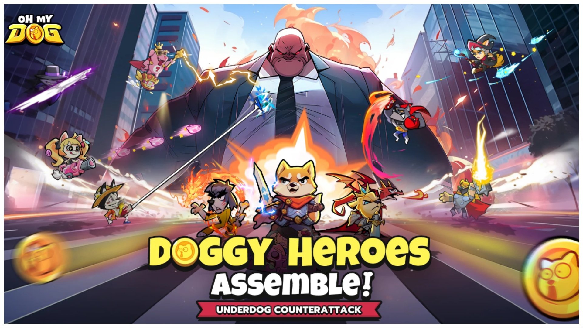 The image shows an intense street with a massive chunky office boss stood behind the dog heroes. Across the illustration is many different dogs in all kinds of unique costumes pelting the boss with different assaults.