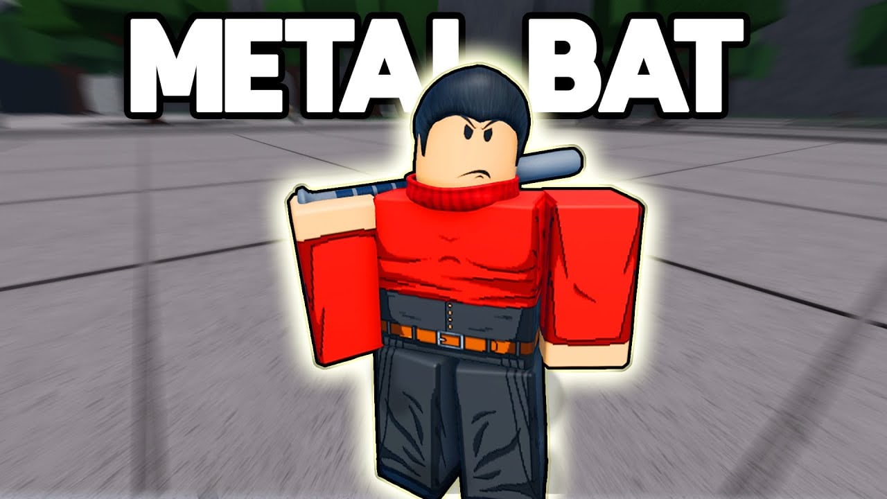 The image shows a character in a red sweater with the metal bat behind his head