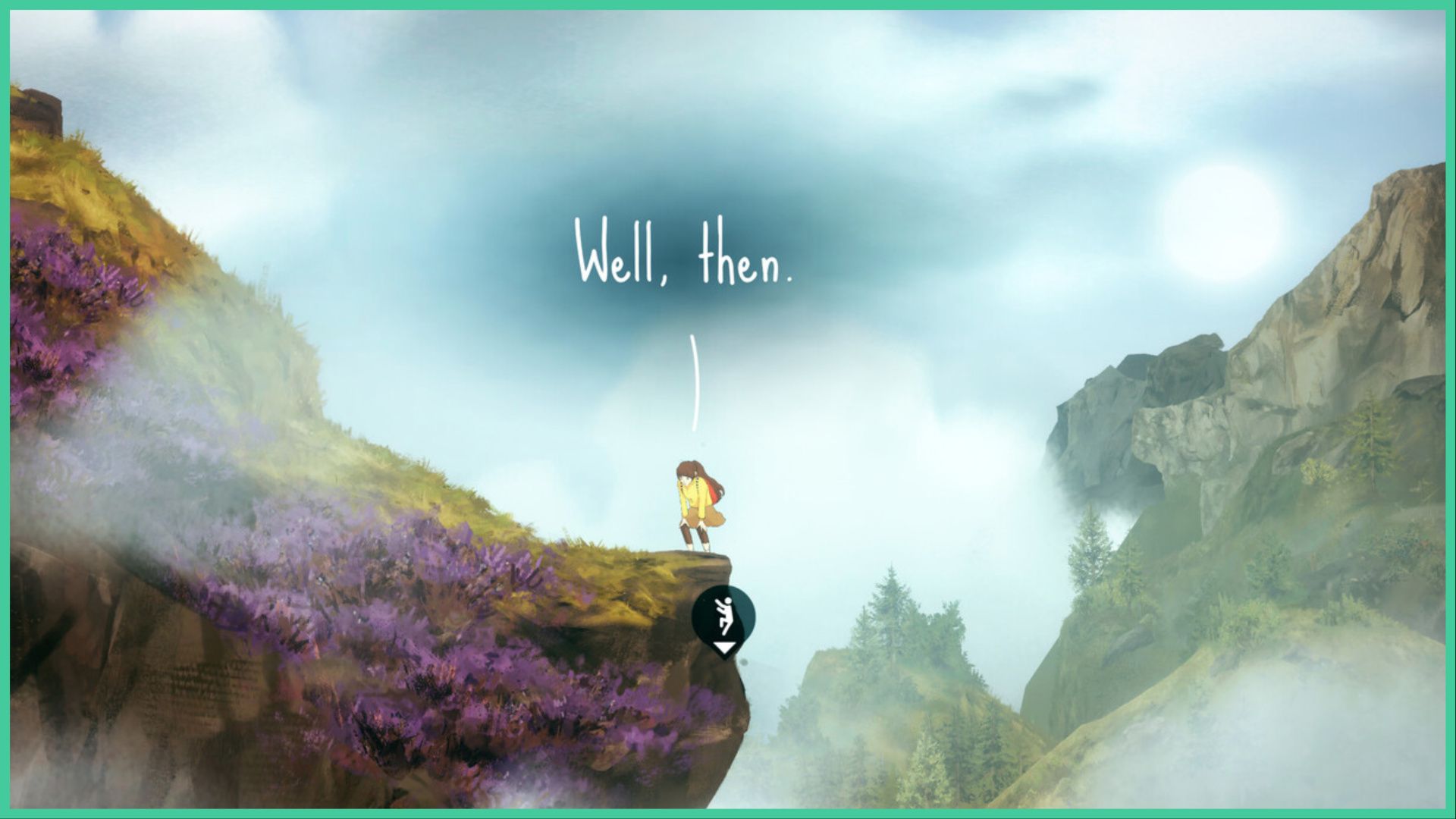 feature image for our a highland song news, the image features a screenshot from the game of moira catching her breath after climbing some rocks, there is dialogue above her head that says "well, then", she is standing on the edge of the cliff as she is surrounded by rocky mountains and mist, the hill she is on is covered in heather flowers