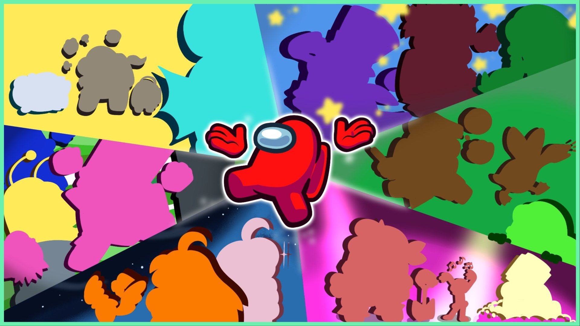 The image shows a red crewmate suspended in the air with hands outward to either side. Behind him is many segments split into colours which indicate an indie game each. Each section has numerous silhouettes for the collabs