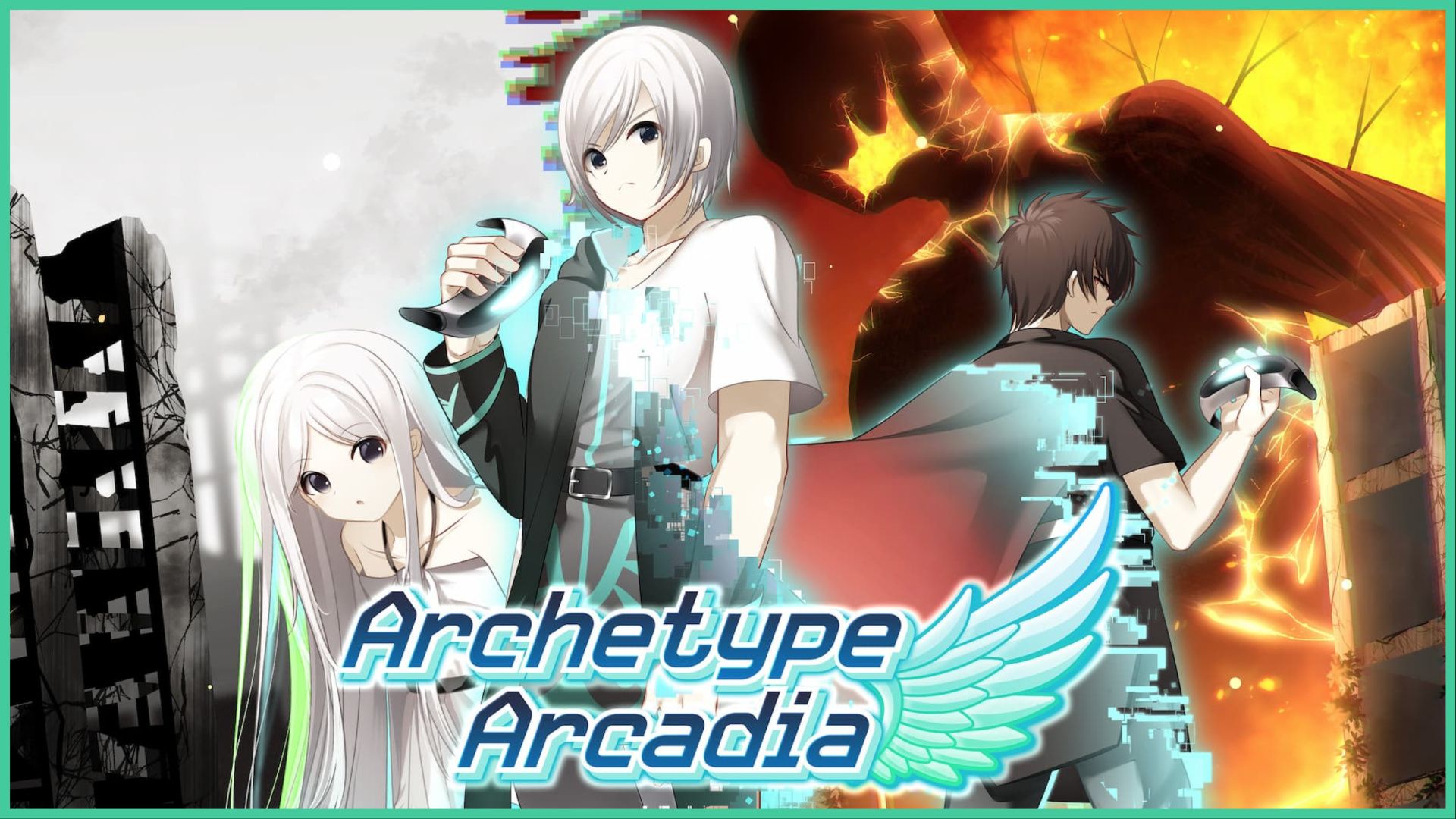 feature image for our archetype arcadia review, it's the official promo image for the game with kristin, rust, and another character standing together. to the left of the image is a broken building and to the right is a background of a tall monster towering above a derelict building that is surrounded by flames