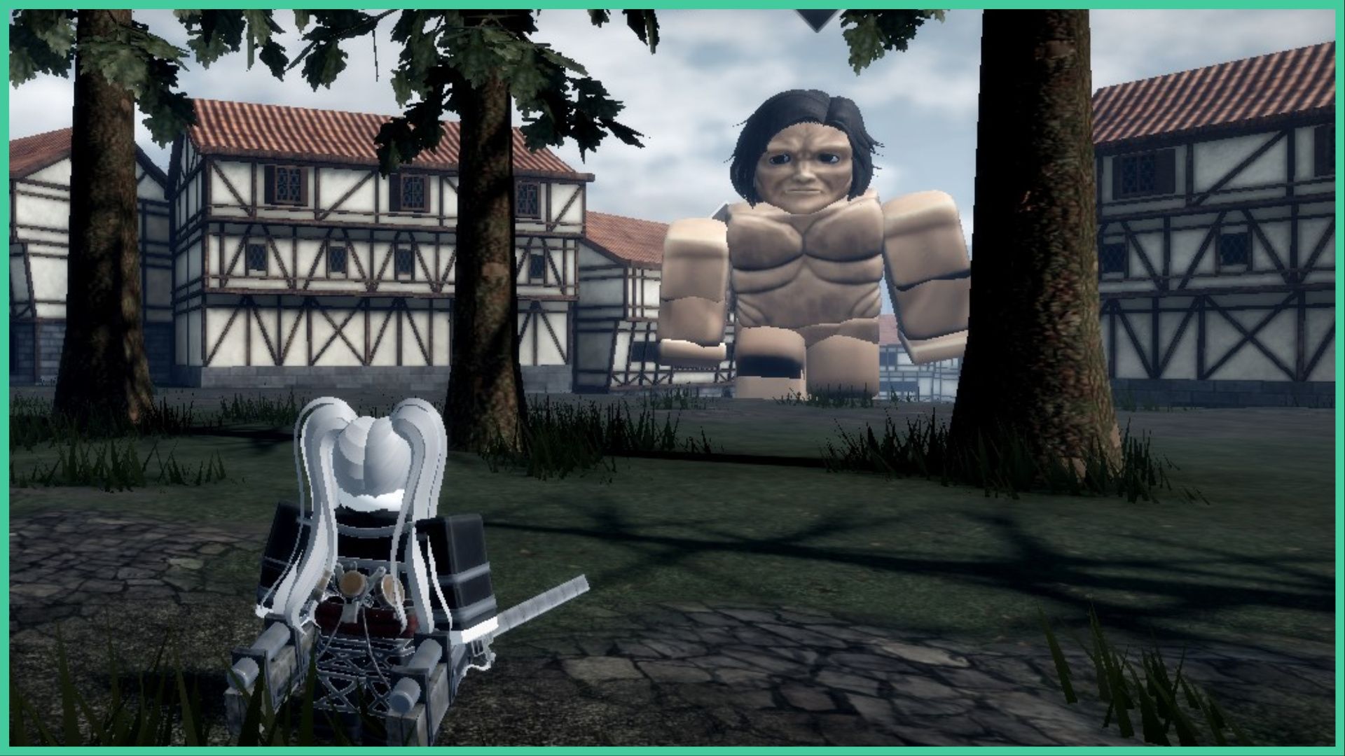 feature image for our attack on titan revolution family tier list, the image features a screenshot of a player holding blades as they watch a large titan walk towards them amongst the trees and traditional style buildings