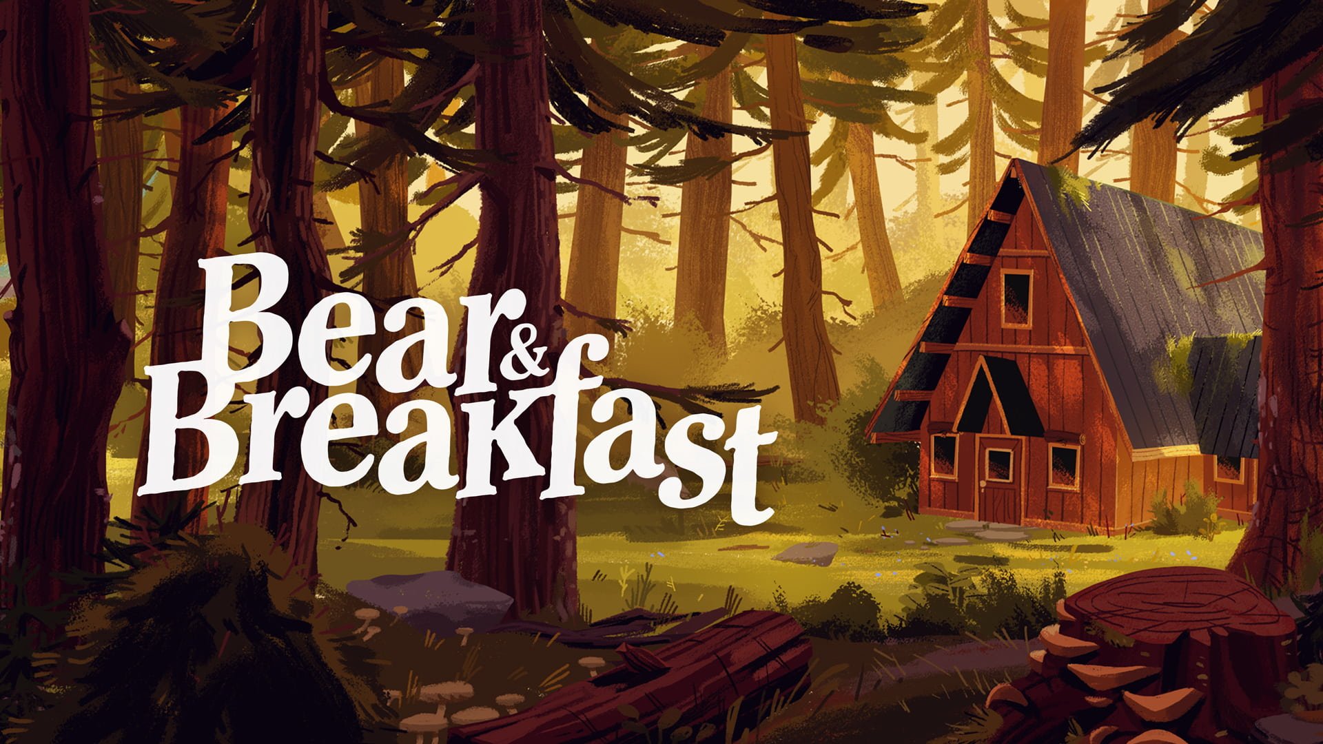 Image is poster of Best and Breakfast game. There is forest and hut in the background.