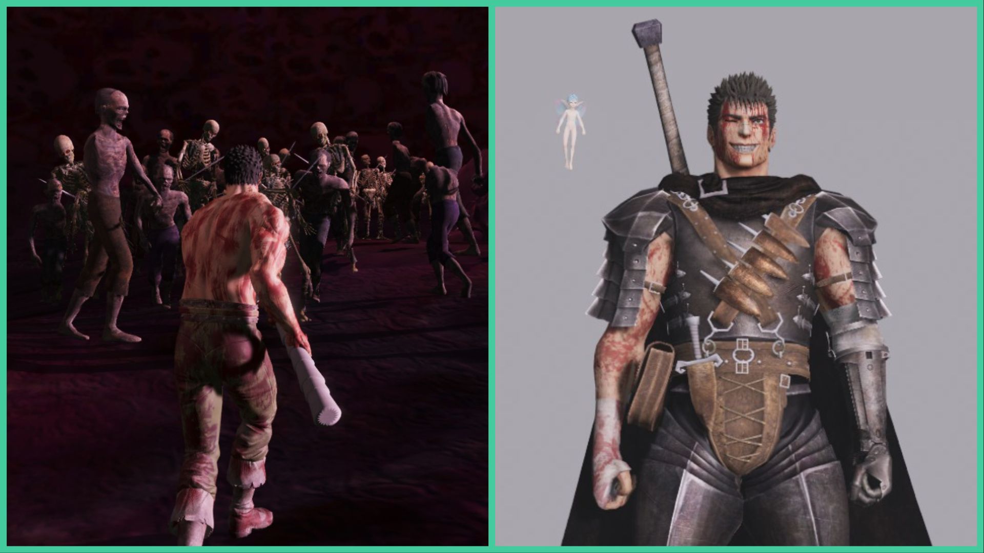 feature image for our berserk survivor news, the image features two promo screenshots from the game, with the image on the left showing guts holding a weapon as his torso is covered in injuries as he approaches a horde of undead, the image on the right is of guts in-game smiling as puck floats beside him