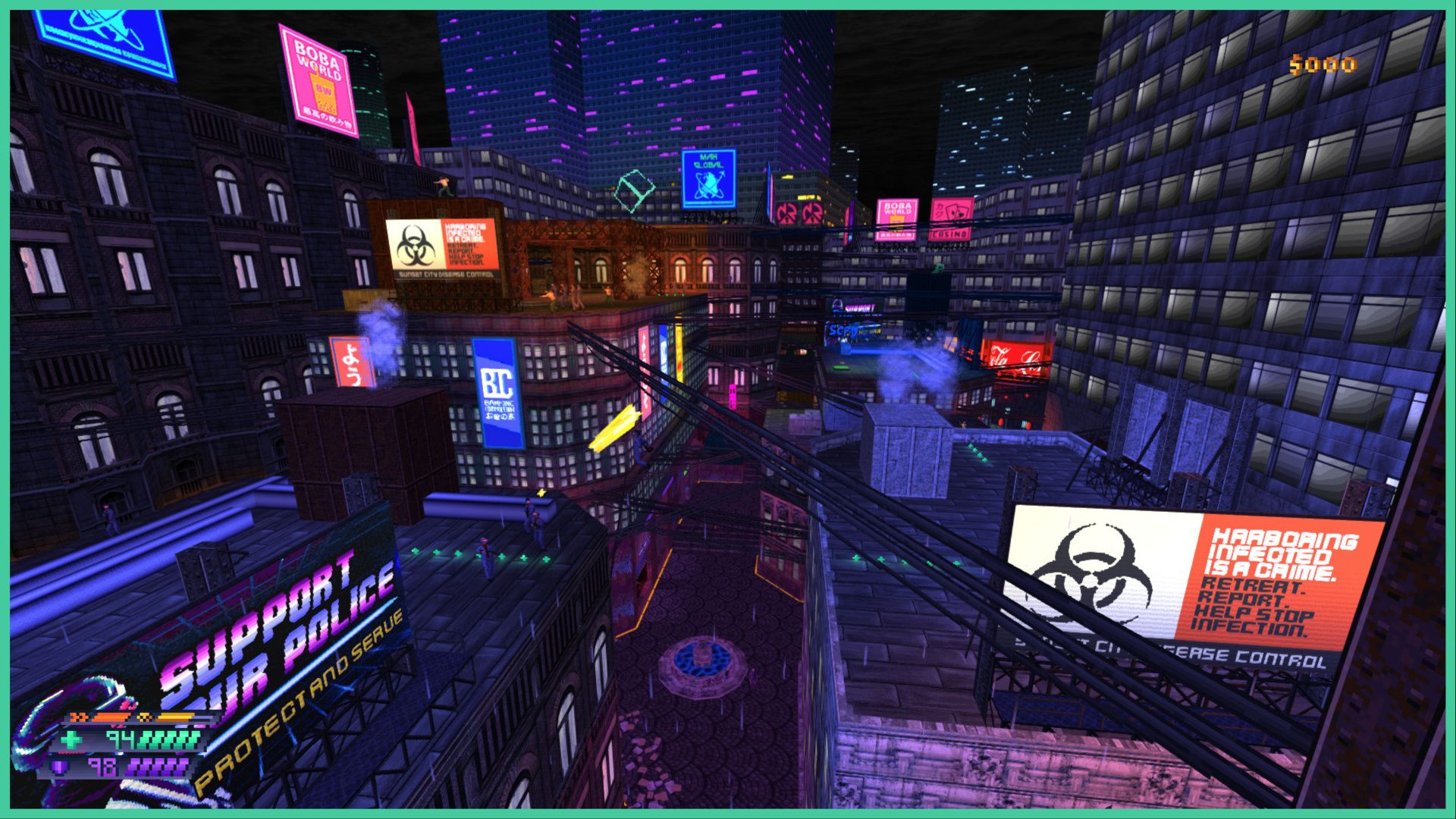 feature image for our beyond sunset news, the image is a screenshot of one of the locations in the game of sunset city at night time, as the neon signs and billboards shine in the darkness while the rain pours down