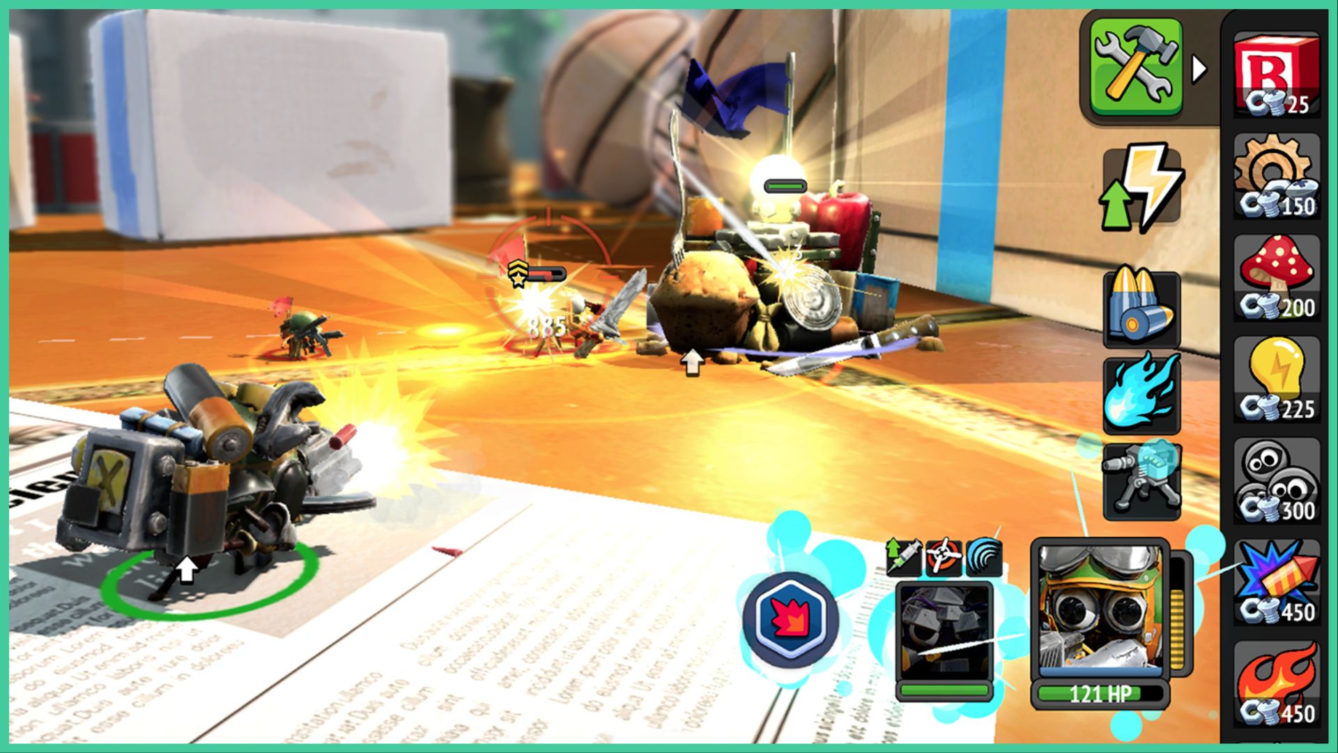 feature image for our bug heroes tower defense codes, the image features a screenshot of battle from the game, with bugs in mechanical gear as they fire toward each other on flooring by cardboard boxes and 2 basketballs, there is a muffin with a fork inside in front of one of the bugs as well as a pocket knife on the ground