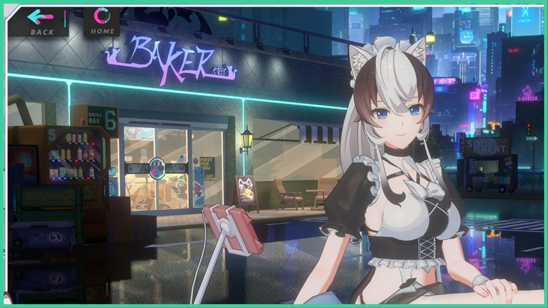 feature image for our cat fantasy codes, the image features a screenshot from the game of a cat girl wearing a maid costume sat in front of the baker cat cafe as the neon signs around the city glow, with a futuristic cityscape in the background
