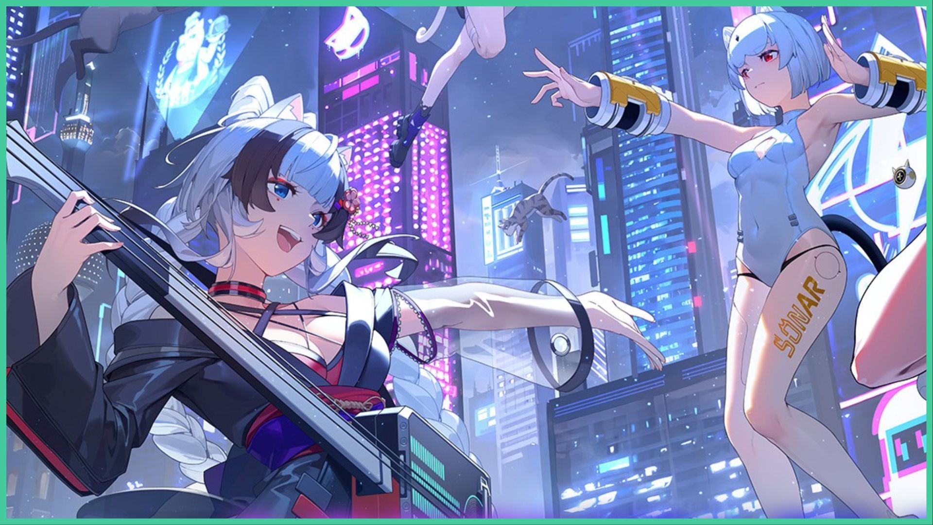 feature image for our cat fantasy tier list, the image features promo art for the game of two cat girls, with one smiling while holding a guitar and the other floating while pointing ahead, there is a neon cityscape in the background with cat themed signs and cats flying in the air
