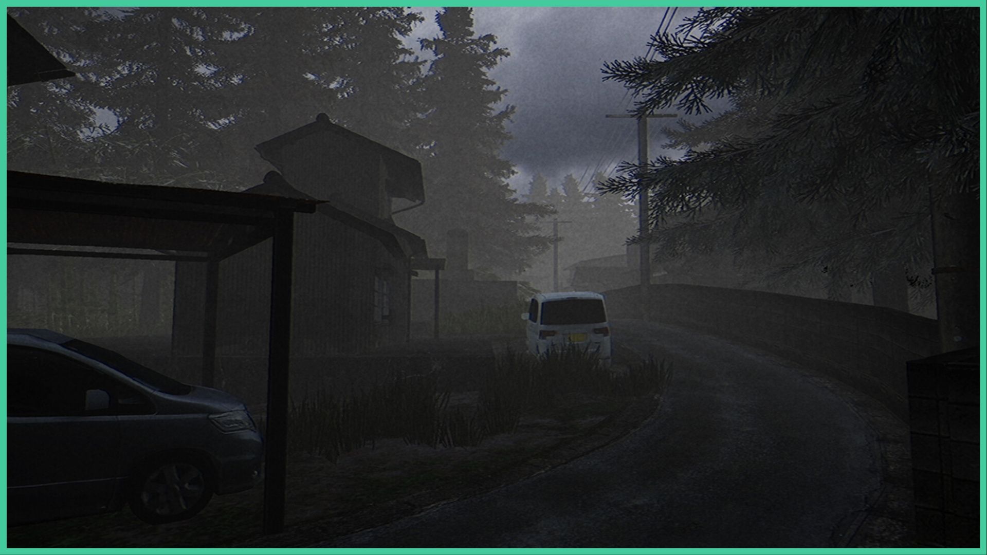 feature image for our chilla's art the kidnap news, the image features a screenshot from the game of a quiet street that turns into a slight hill as the road stretches on, there are two parked cars at two houses to the side, the entire road and pathway is surrounded by tall forest trees, with telephone poles and wires in the distance, it looks like the entire area is covered in fog as the image appears grainy