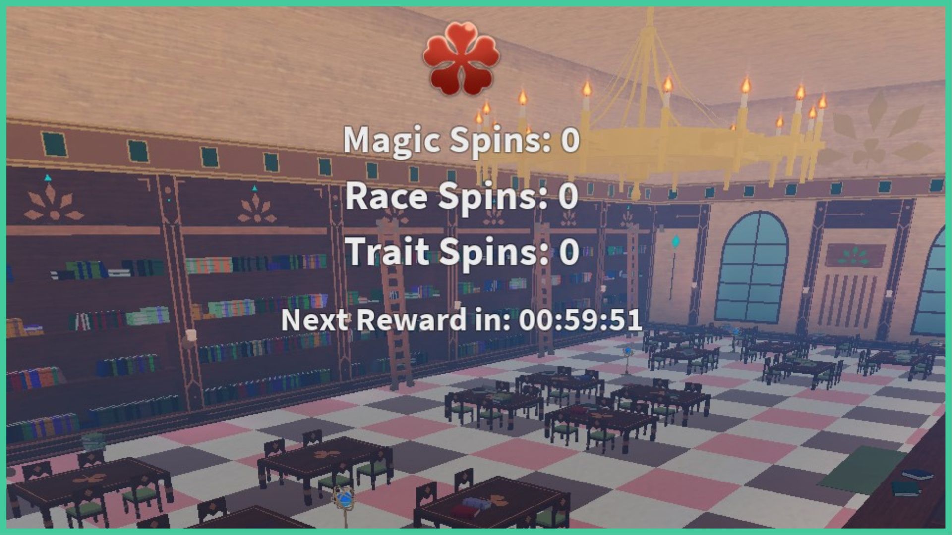 feature image for our clover retribution library guide, the image features a screenshot of the library screen from the game, with tables and chairs at desks, surrounded by tall bookcases with ladders and a large chandelier lit by candles, there is text on the screen that reads "magic spins 0, race spins 0, traits spins 0", this is to show how many spins the player has obtained while AFK, there is also a timer that is counting down when the next reward is, which is just under an hour