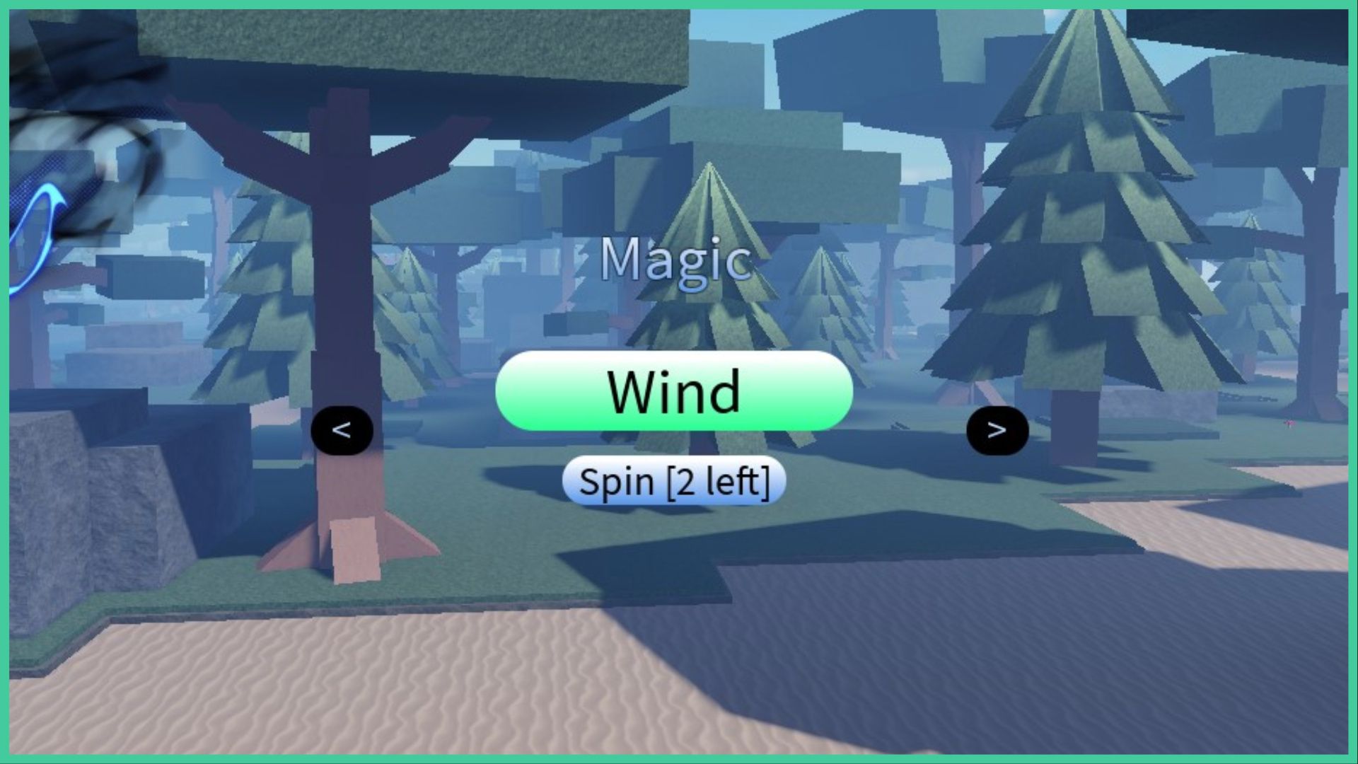 feature image for our clover retribution magic guide, the image features a screenshot from the spin page in the game, specifically of the magic type rolls, the current magic type on the screen is wind and there is a button that says "Spin (2 left)", the background is of a forest with trees, grass and a dirt path