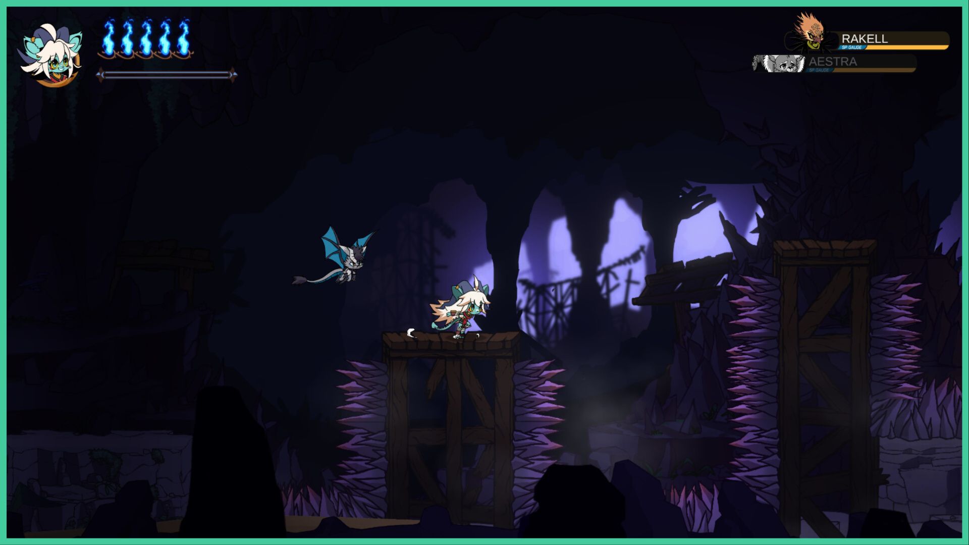 feature image for our dewborne dawn news, the image features a screenshot from the game of dew and her flying companion making their wau across wooden platforms that are covered in spikes, with broken wooden structures and rock formations in the distance, they seem to be inside a dungeon of some sorts