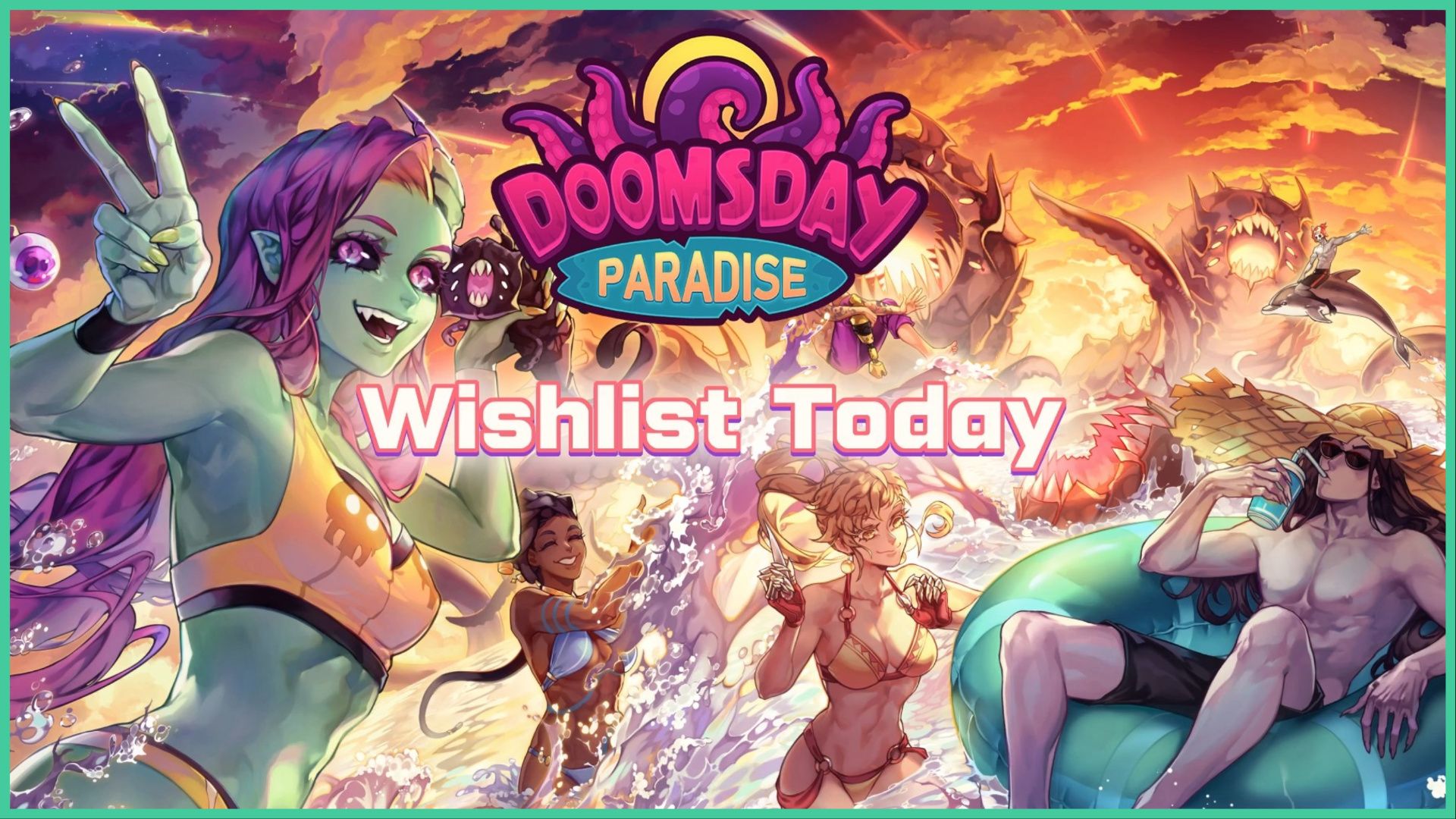 feature image for our doomsday paradise news, the image features promo art for the game with some members of the dateable cast as they have fun in the ocean, there are characters splashing the water, with a female character called haley stands at the front while smiling and throwing a peace sign as she holds a monster while another wears a sunhat and sunglasses as he floats on a pool float while sipping a drink, there is also a character riding a dolphin in the distance, however, there are monsters in the distance