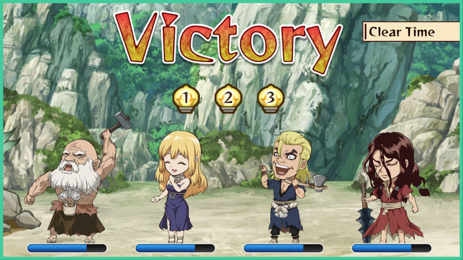 feature image for our dr stone. battle craft codes guide, the image features a screenshot from a battle in the game, there are 4 characters from the series in chibi form smiling and cheering as they win the battle, with the word "victory" at the top