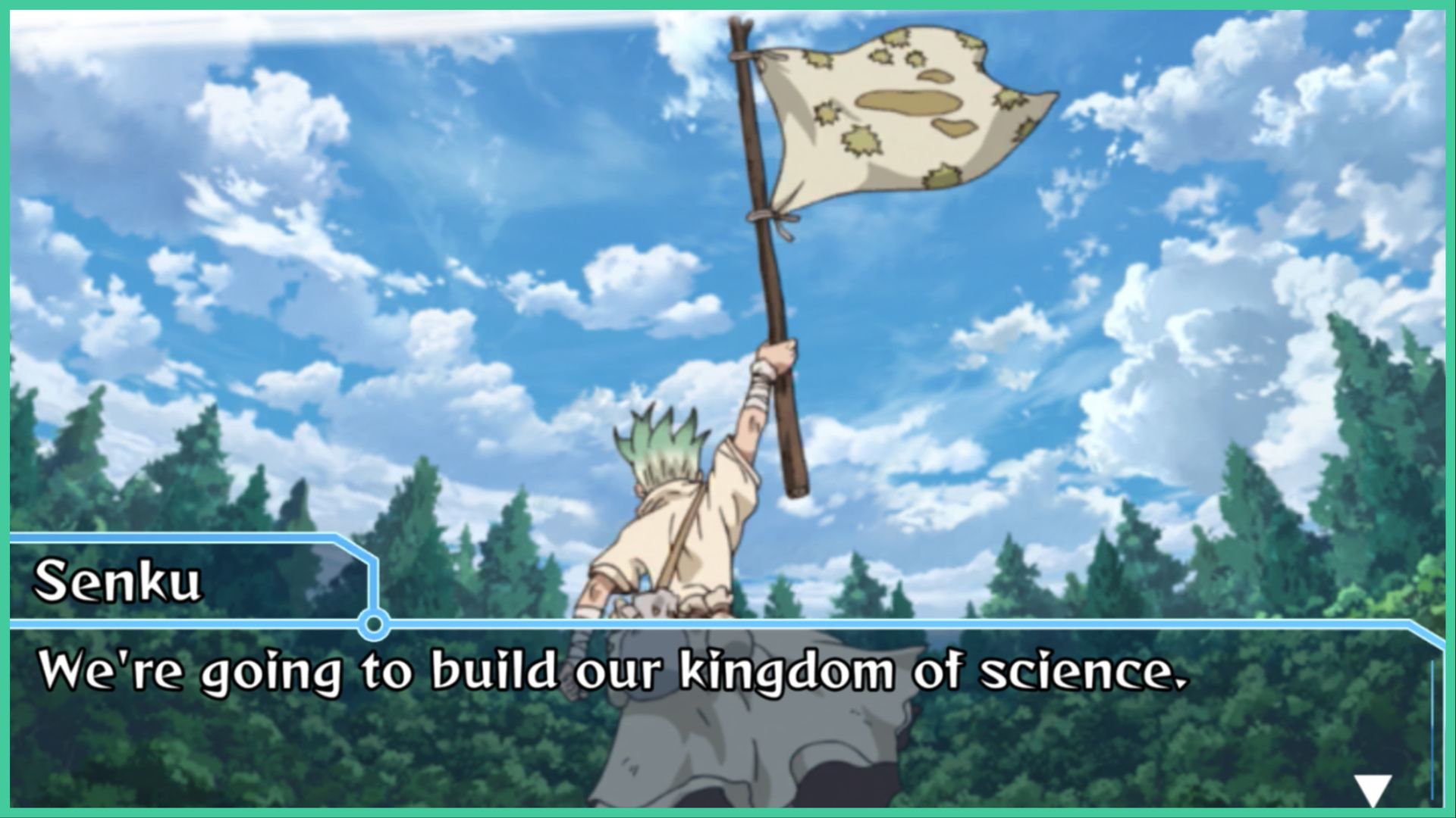 feature image for our dr.stone battle craft tier list, the image features a screenshot from a cutscene from the game of senku, the main character, holding a flag up to the sky as he's surrounded by tall trees in the forest, there's a dialogue box that reads "we're going to build our kingdom of science"