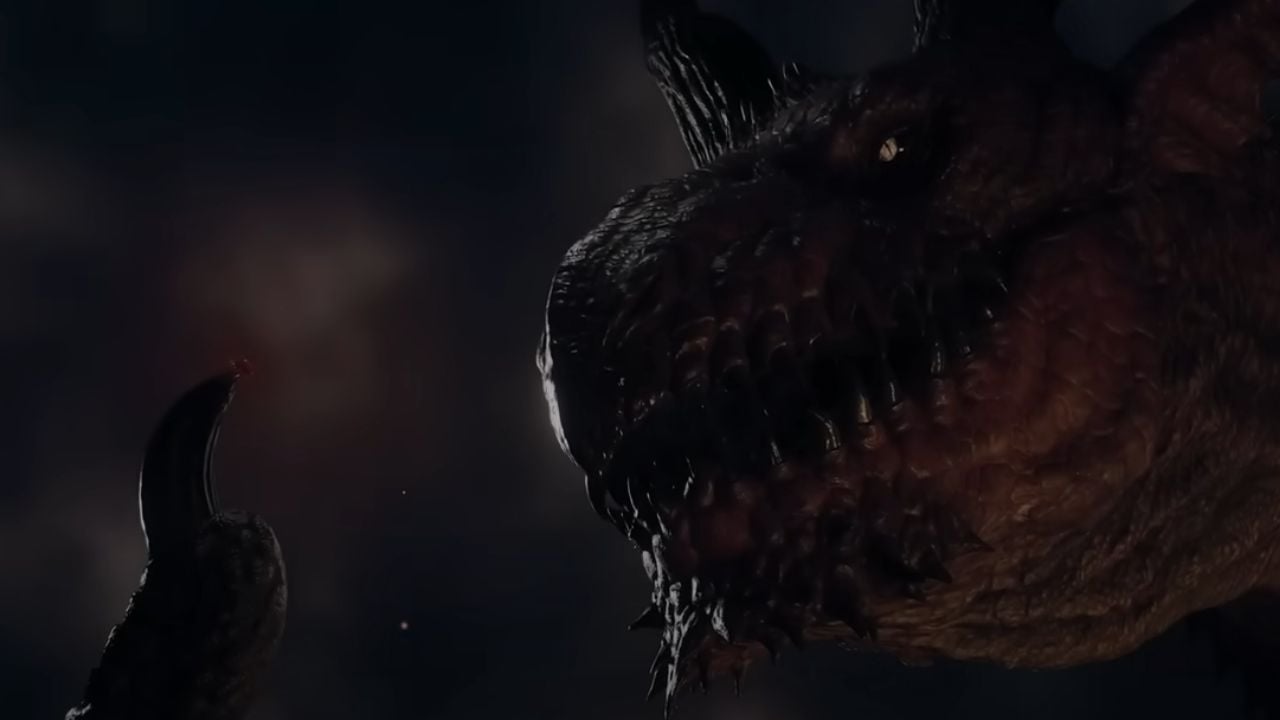 Feature image for our Dragon's Dogma II release date news. It shows a shot from the trailer with the dragon holding someone's heart on its claw.