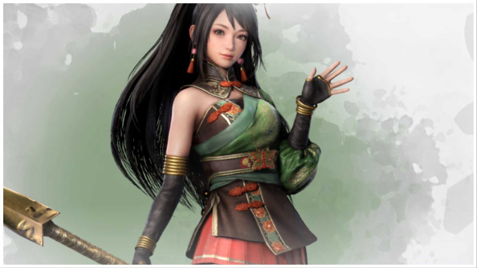 the image shows a female character from the game franchise who is waving to the viewer with a pleasant smile. In her other hand she is holding a pointed spear.