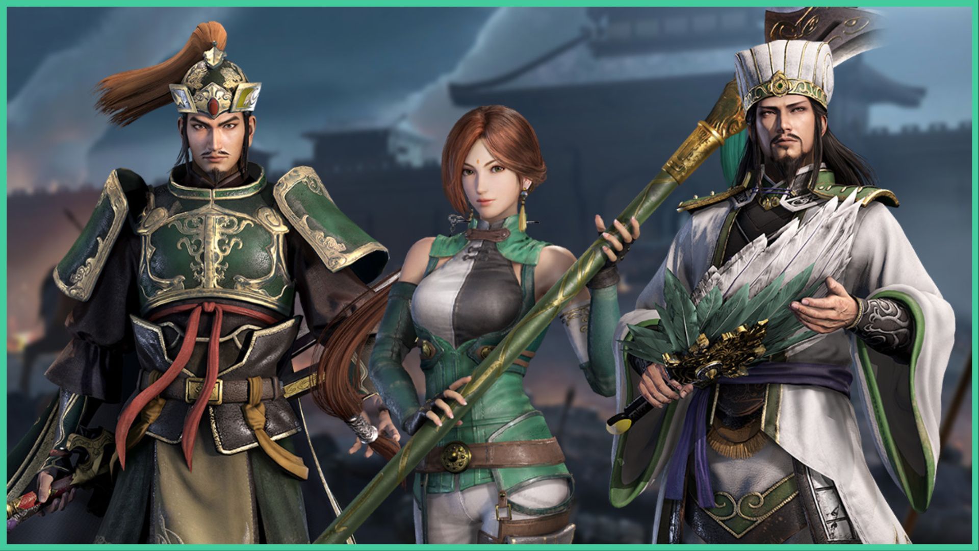 feature image for our dynasty warriors m tier list, the image features promo art of three characters from the game, with one female in the middle holding a sharp weapon, the image in the background is of traditional style buildings that are slightly blurred as the characters take the forefront