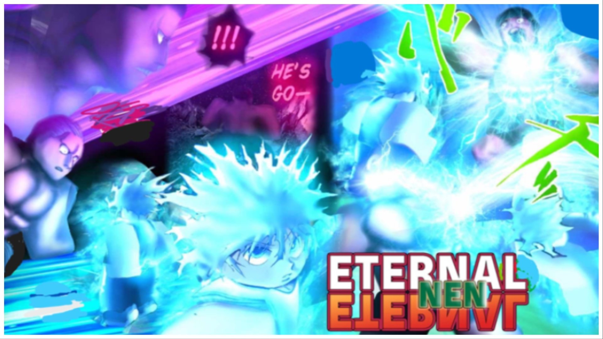 The image shows a roblox styled killua with blue nen interacting in different scenes. The eternal nen game logo copies the hunter x hunter style and is in the bottom right
