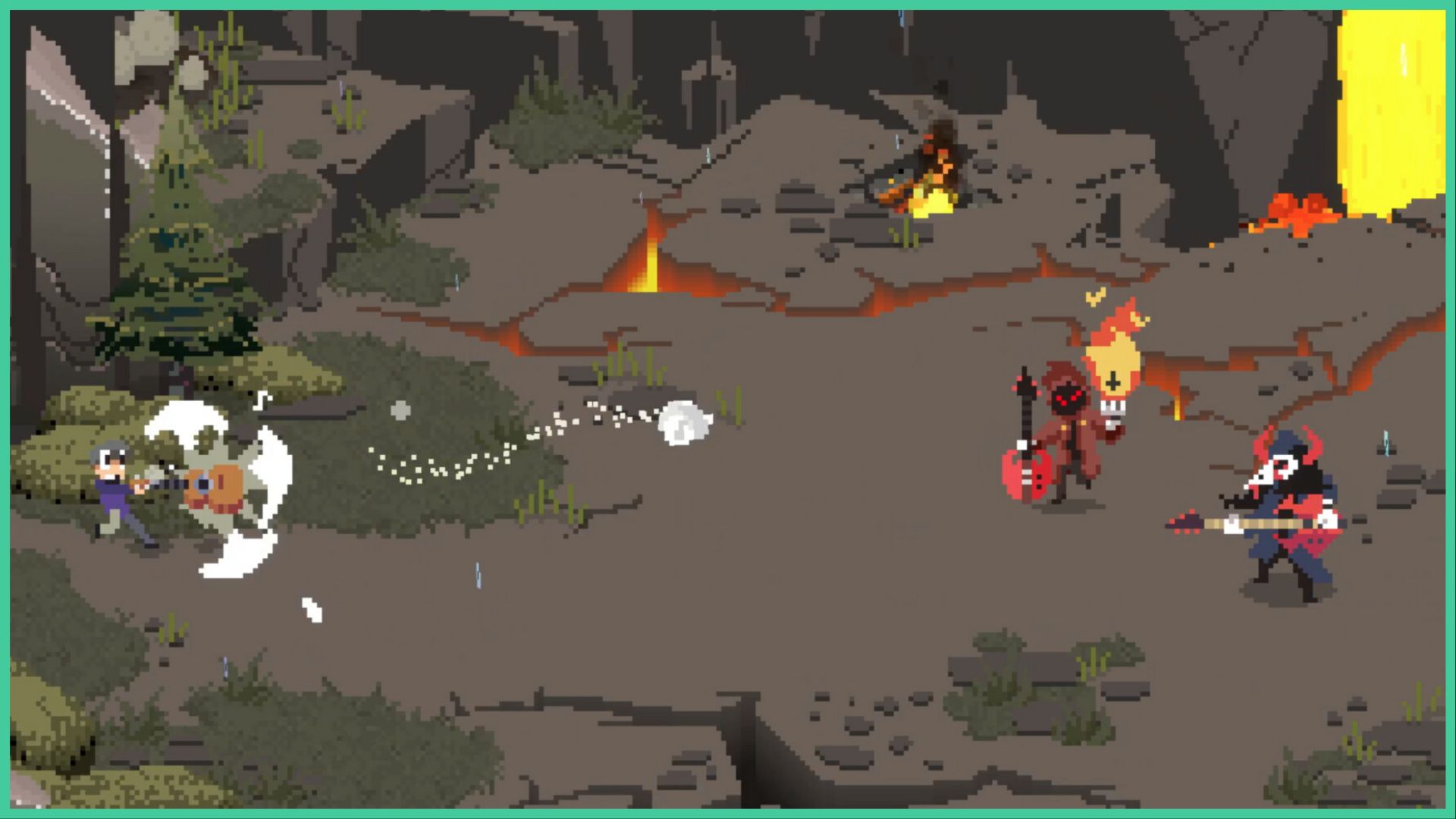 feature image for our fretless news, the image features a promo screenshot from the game of the main character wielding his guitar in battle as he shoots an attack out towards the enemies who are also wielding guitars. One enemies is also wielding a large flame in their other hand as they are surrounded by rock and lava