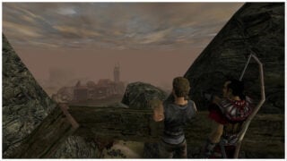 image of gothic classic, with two characters, one being the main character, standing at a cliff edge with a wooden fence, as they both look out at the view in the distance of a town filled with buildings, the air is misty and there are clouds in the sky, the character on the right has a bow strapped to his back as he points towards the town and the main character has his arms folded