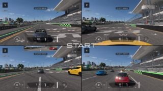 Display of four split screens of GT 7, showing players and their racing screens along with the other cars and their speed and maps.