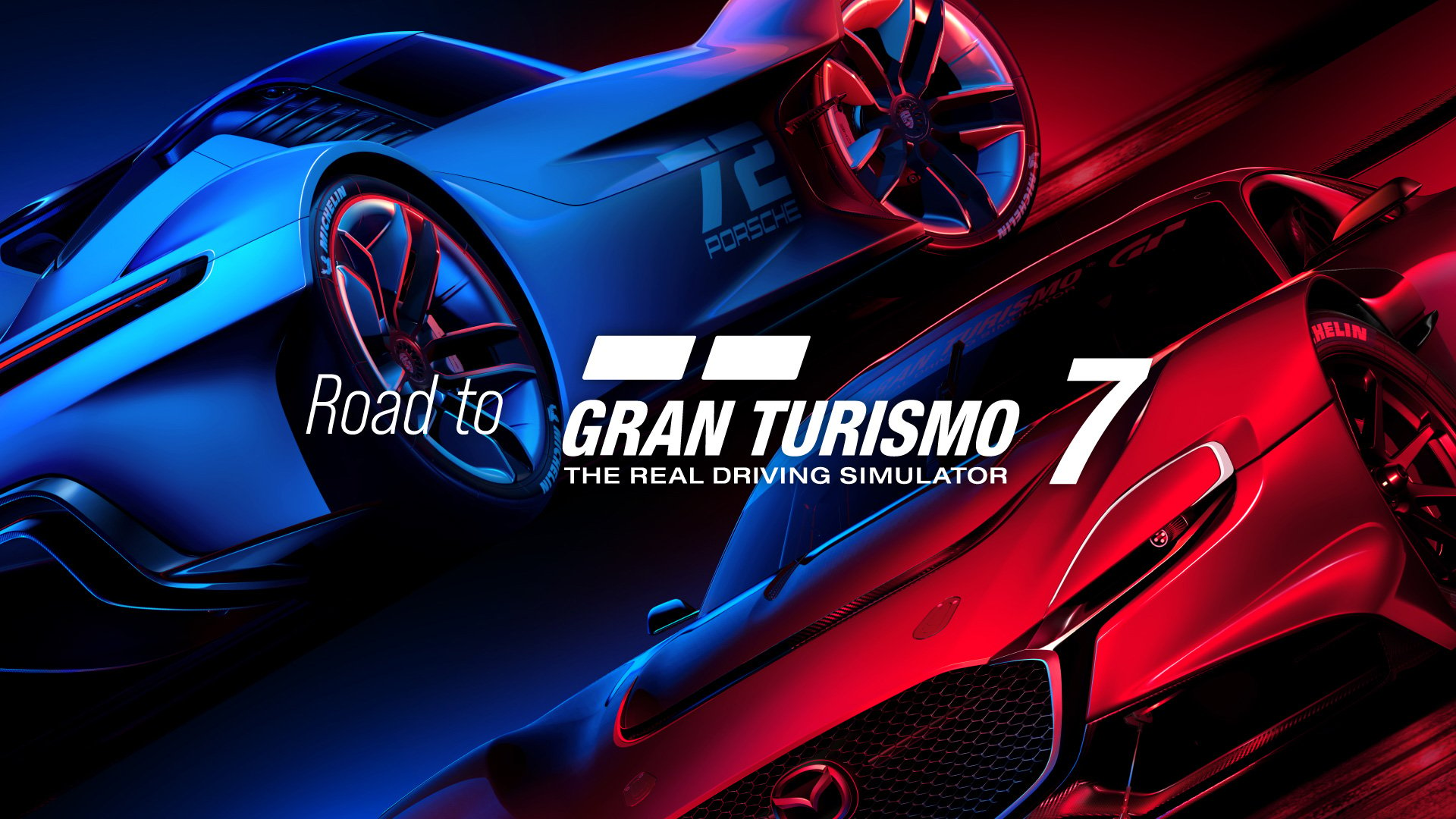 A red and blue car crossing each other with Gran Turismo 7 title in between.
